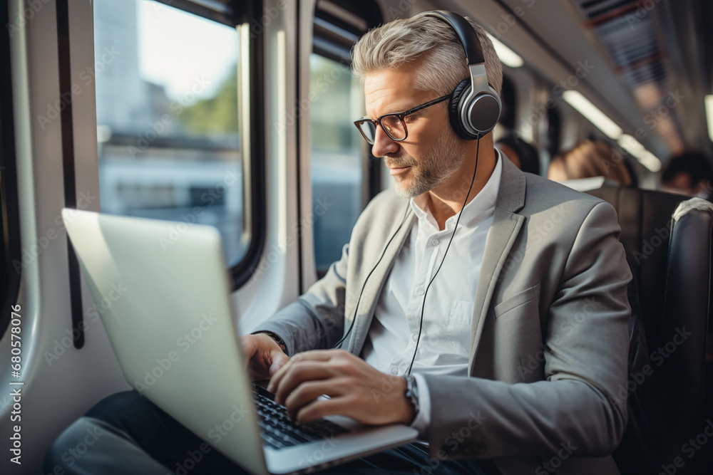 Business man working in train with a laptop, going to work, generative AI. Business man working in train with a laptop, going to work, generative AI.