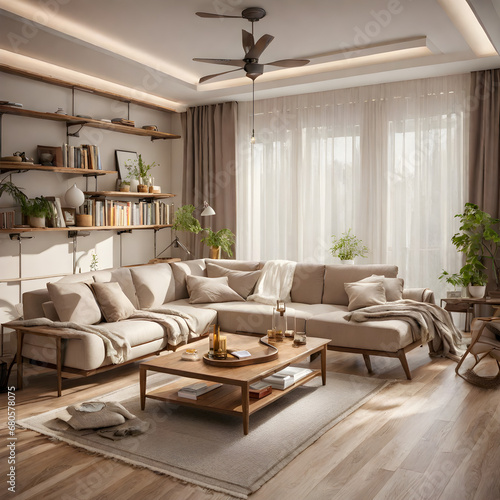 romantic style big apartment veranda sofa  picture frame  air purifier  and bookshelf Generative AI