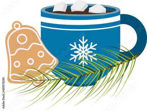 Christmas story time. Coffee with marshmallows and gingerbread next to a fir branch. Christmas and New Year vector composition.
