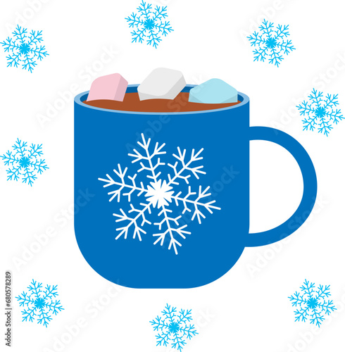 Christmas story time. Mug with coffee and colorful marshmallows. Christmas and New Year vector composition.