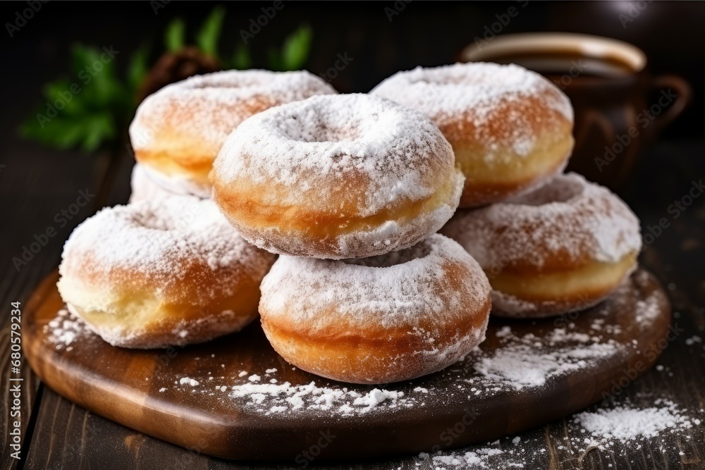 Tasty powdered sugar donuts on table