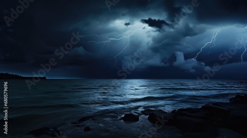 A stormy sky with dark, swirling clouds and flashes of lightning, symbolizing a tumultuous emotional state. The landscape below is rugged and chaotic, mirroring the intensity of the storm above. © The_AI_Revolution