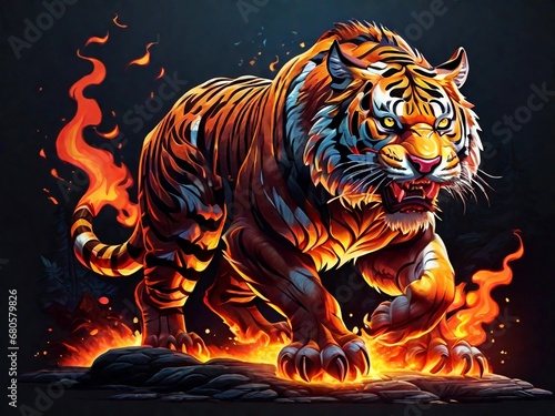 a tiger with fire effect, highly detailed, t-shirt design © CAHYONOZX