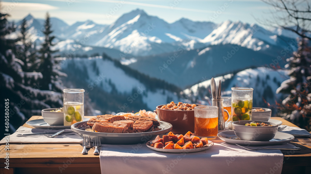 Fototapeta premium on the table there is food from a restaurant with a view of the snow-capped mountains for people who were involved in skiing
