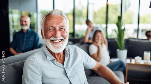 Old male friends of different races laugh remembering times and events sitting on couch in living room of apartment. Positive emotions and lifelong friendship. Laughing at joke with acquaintances