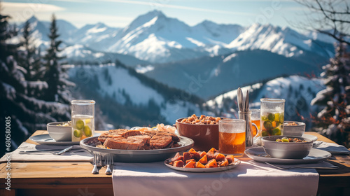 on the table there is food from a restaurant with a view of the snow-capped mountains for people who were involved in skiing