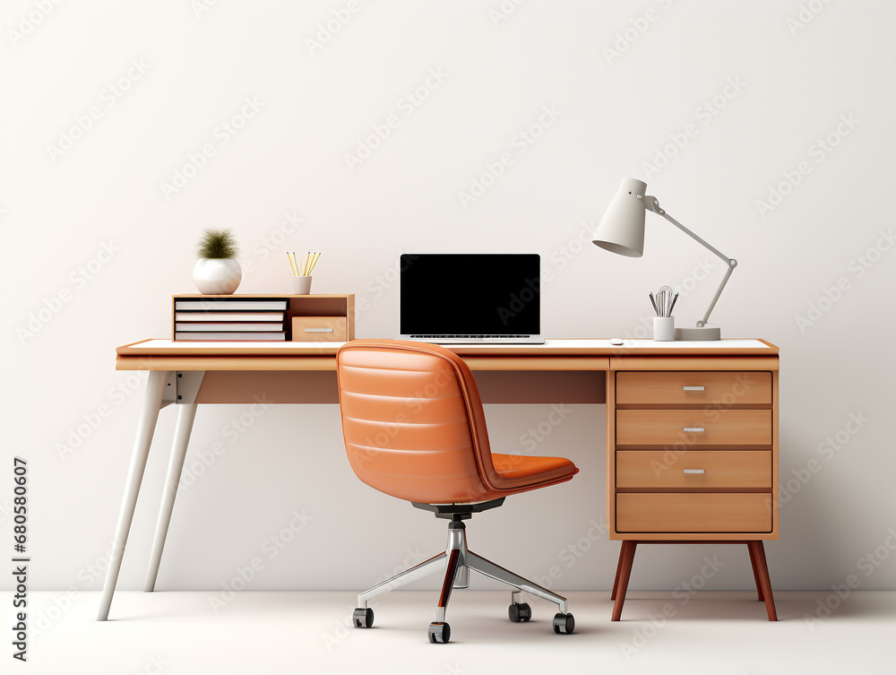 3D image of office desk and chair. Minimalist style isolated on a white background. There is a small flower plant in a vase as an ornament.