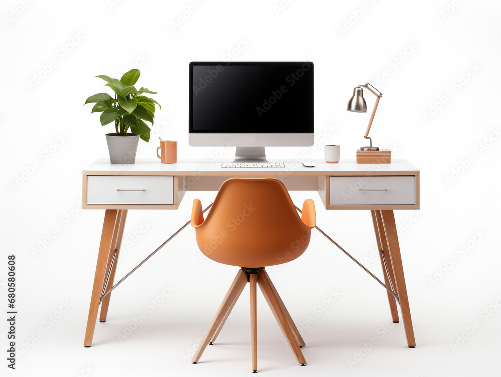 3D image of office desk and chair. Minimalist style isolated on a white background. There is a small flower plant in a vase as an ornament. 3D image of office desk and chair. Minimalist style isolated on a white background. There is a small flower plant in a vase as an ornament.