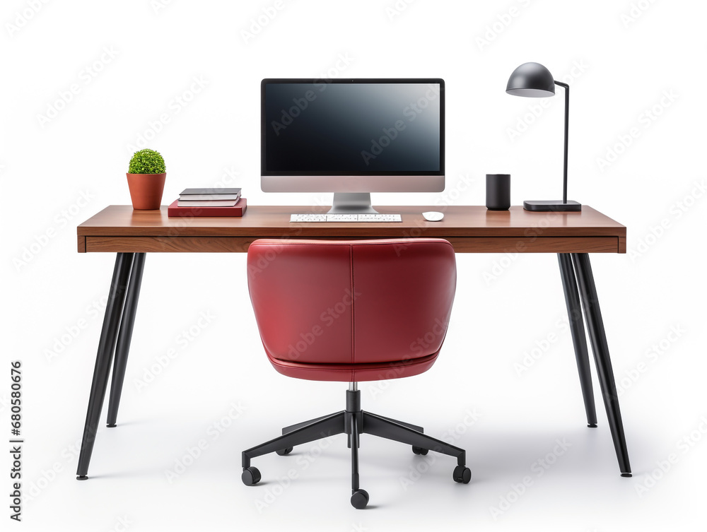3D image of office desk and chair. Minimalist style isolated on a white background. There is a small flower plant in a vase as an ornament. 3D image of office desk and chair. Minimalist style isolated on a white background. There is a small flower plant in a vase as an ornament.