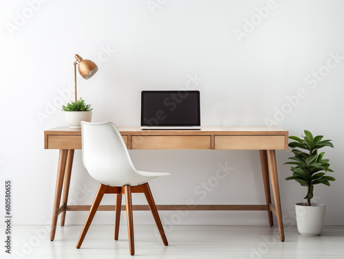 3D image of office desk and chair. Minimalist style isolated on a white background. There is a small flower plant in a vase as an ornament. photo