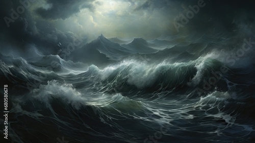 A stormy seascape at night  with tumultuous waves and dark  threatening clouds. The horizon is centered  providing space above or below for text. The sea is a metaphor for turmoil and fear.