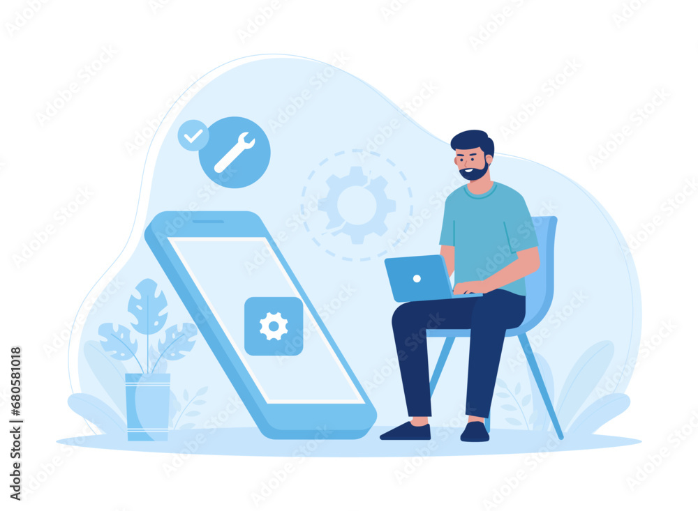 A man is checking a device for repairs concept flat illustration A man is checking a device for repairs concept flat illustration