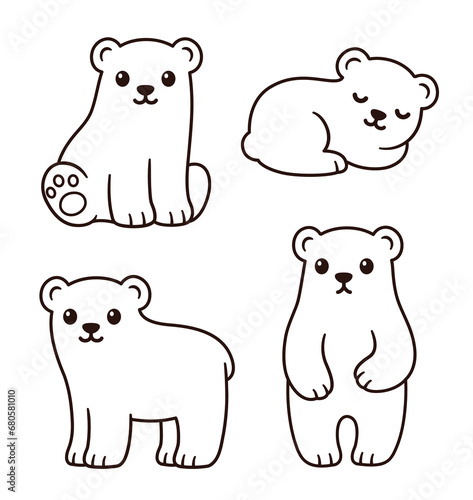 Cute cartoon bear cubs line art drawing set. Black and white outline for coloring, simple vector clip art illustration.