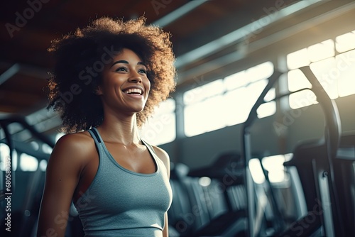 Energetic Afro woman radiates joy in the gym, embodying the spirit of fitness and well-being with a vibrant and positive presence photo