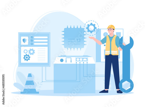 A man is performing monthly maintenance on a machine concept flat illustration