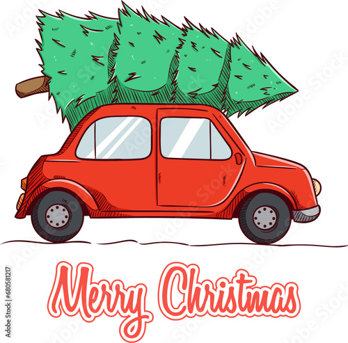 cute christmas car with pine tree vector illustration