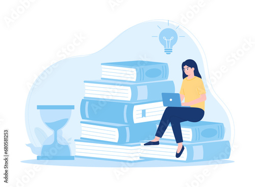 A woman is reading and searching to gain new knowledge concept flat illustration