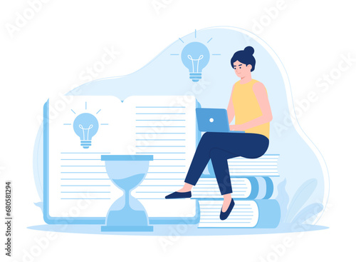 A woman is reading and searching to gain new knowledge concept flat illustration