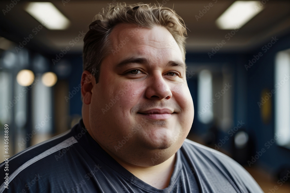 portrait of a fat man in the gym. An overweight man is doing a fitness workout. swings for weight loss portrait of a fat man in the gym. An overweight man is doing a fitness workout. swings for weight loss