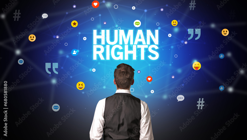 Rear view of a businessman, social media concept Rear view of a businessman, social media concept