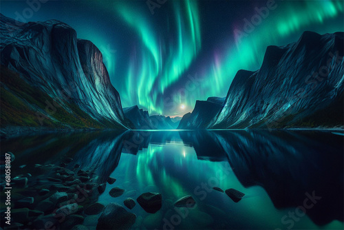 A Norwegian fjord etched with towering cliffs, its still waters a mirror for the vibrant auroras cascading across an inky night sky, illuminated sole by the glow of a hunter's moon Generated Image