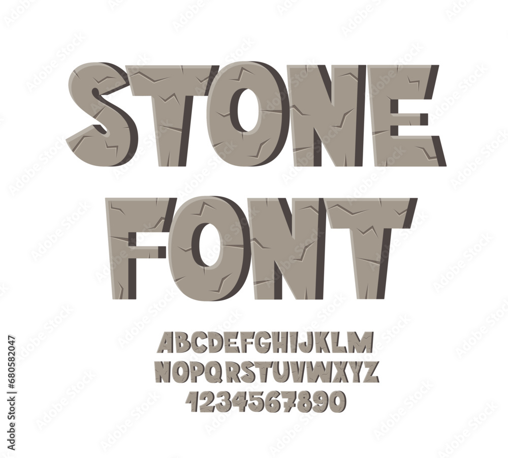 Cartoon Stone Font. Rock Alphabet. Bold Letters and Numbers.