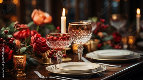 Elegant Dinner Table Setting with Roses and Candlelight for Romantic Events