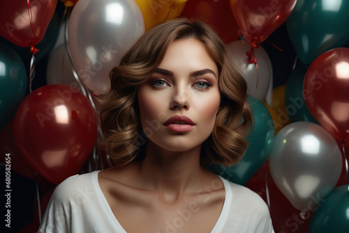 Close up portrait of a girl. birthday background with balloons