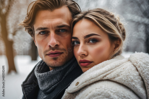 Close up portrait of a beautiful loving couple in a winter park. man and woman under snowfall. love concept. Valentine's Day