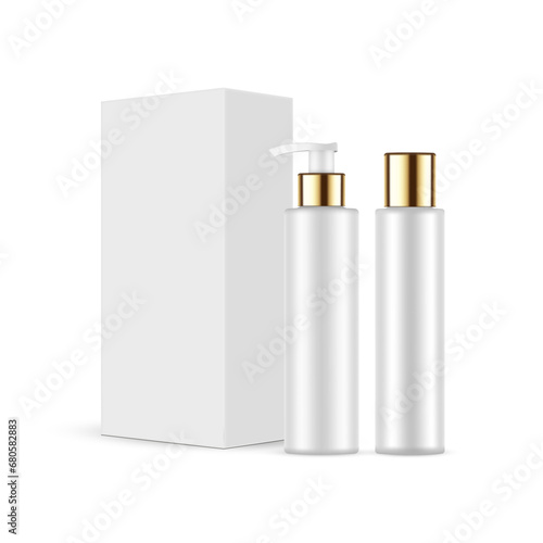 Shampoo Or Lotion Bottles And Paper Box, Packaging Cosmetic Mockup, Isolated On White Background. Vector Illustration