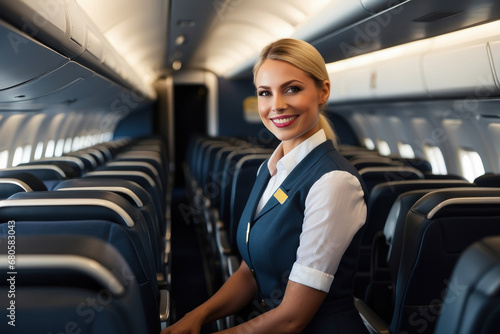 Portrait of a beautiful stewardess girl. flight attendants on the plane. a woman with a big smile on her face on an airplane.