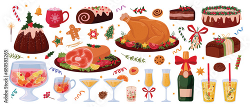Christmas food. Winter holiday meal, turkey, ham, punch, champagne, xmas pastry, cookies and sweets flat vector illustration set. Festive Christmas food collection