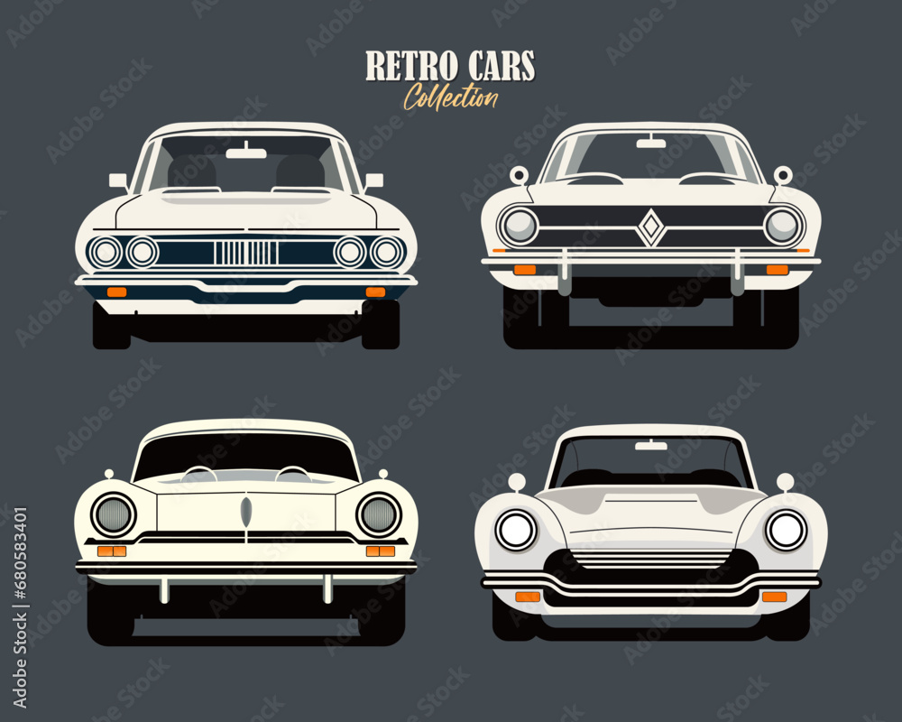 Retro car collection flat illustration vector classic vehicle vintage old era printable - obrazy, fototapety, plakaty 