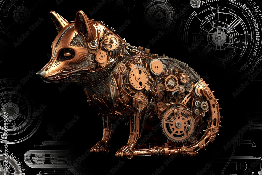 Fuchs - mechanisches Steampunk Tier mit sichtbaren Zahnrädern  - obrazy, fototapety, plakaty 