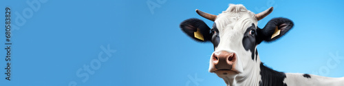 Funny cute cow isolated on blue. Talking black and white cow close up. Funny curious cow. Farm animals. Pet cow on sky background looking at the camera photo