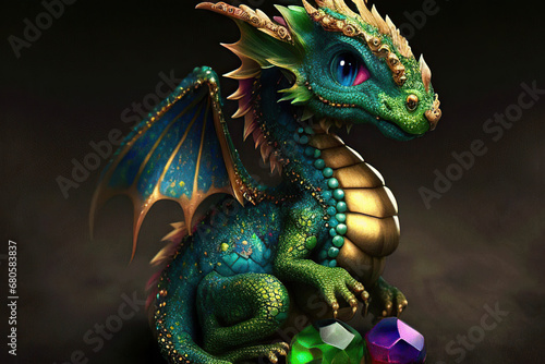Little green winged dragon with gemstones on a dark background  Year of the Dragon  Generative AI