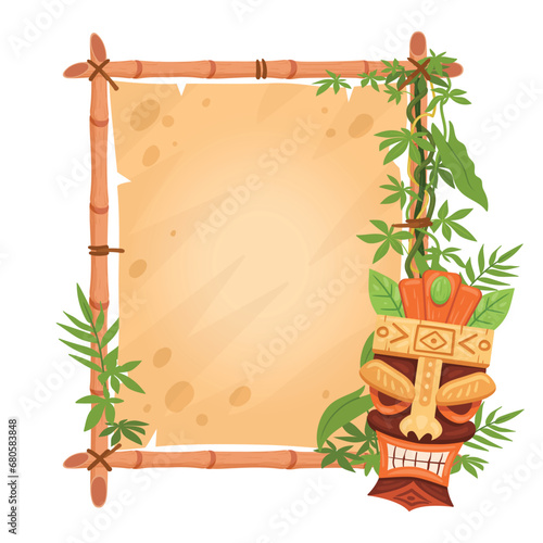 Tiki totem bamboo frame. Cartoon sign with Hawaiian and African aboriginal totem. Bamboo frame with wooden tribal mask flat vector illustration