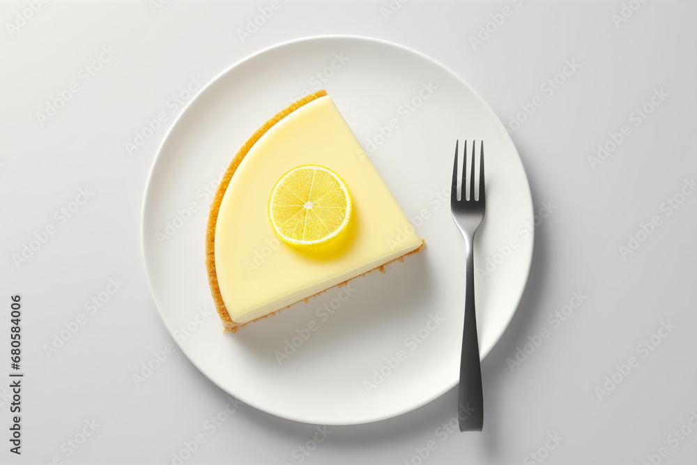 Lemon cheesecake with piece of fresh lemon on top on a plate over minimalist white background with a fork Lemon cheesecake with piece of fresh lemon on top on a plate over minimalist white background with a fork