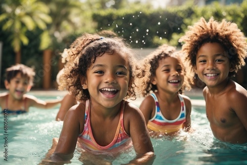Happy, cheerful multicultural multi-ethnic children enjoying at swimming pool, funny kids playing outdoors. Summer vacation concept.