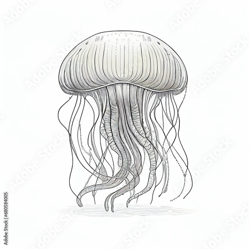 Hairy jellyfish, medusa, line drawing white and black, isolated on white background, simple science pencil picture