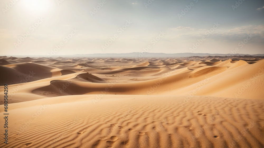 An endless, lifeless desert. Sands and dunes. Dry area. Sultry day, scorching heat. Wild nature.