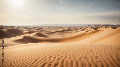 An endless, lifeless desert. Sands and dunes. Dry area. Sultry day, scorching heat. Wild nature.