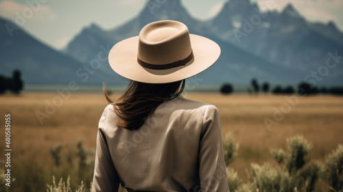 Blonde cowgirl in hat at meadow with mountains on background