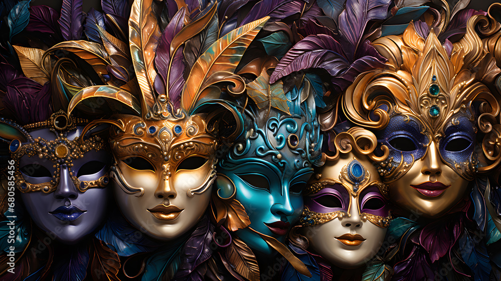 A lively composition featuring a dazzling array of ornate masks in vibrant purples, golds, and greens, capturing the spirit of Mardi Gras celebrations.