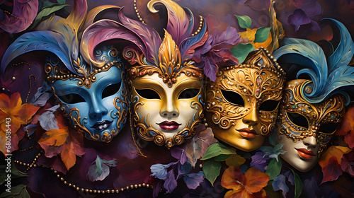 A lively composition featuring a dazzling array of ornate masks in vibrant purples, golds, and greens, capturing the spirit of Mardi Gras celebrations.