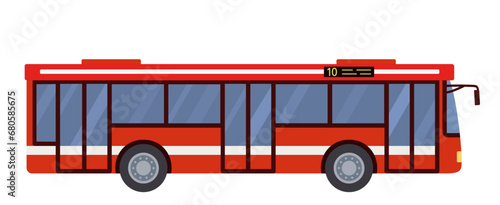 Vector bus icon, transport travel symbol in flat design, illustration of red city passenger bus, side view, isolated on white background