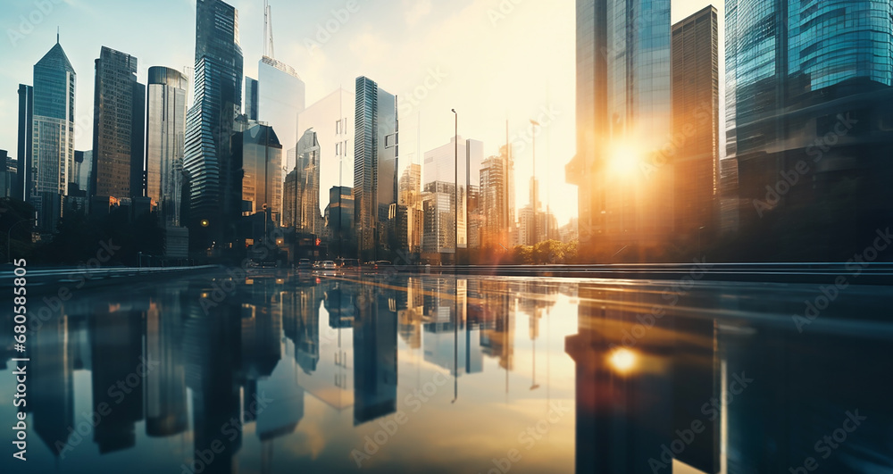 Panorama view of tall buildings, towers, skyscrapers and street on the sunset, reflecting sunlight. Image created by Generative AI. - obrazy, fototapety, plakaty 