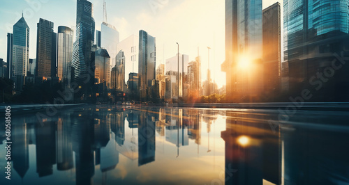Panorama view of tall buildings, towers, skyscrapers and street on the sunset, reflecting sunlight. Image created by Generative AI. photo