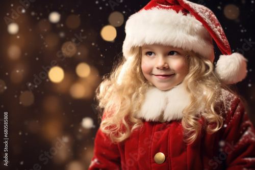 Beautiful Little happy girl with Christmas Santa's hat, concept of Christmas and new year, with snow and bokeh background, Xmas