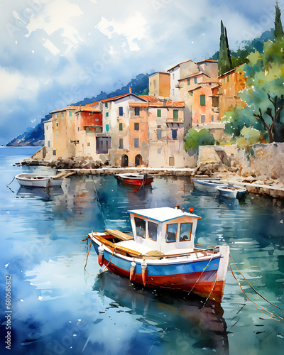 Watercolor Italy Portofino Painting Illustration Artwork - Travel Coastal Print - Tourism Cliff Coastline Oil Painting